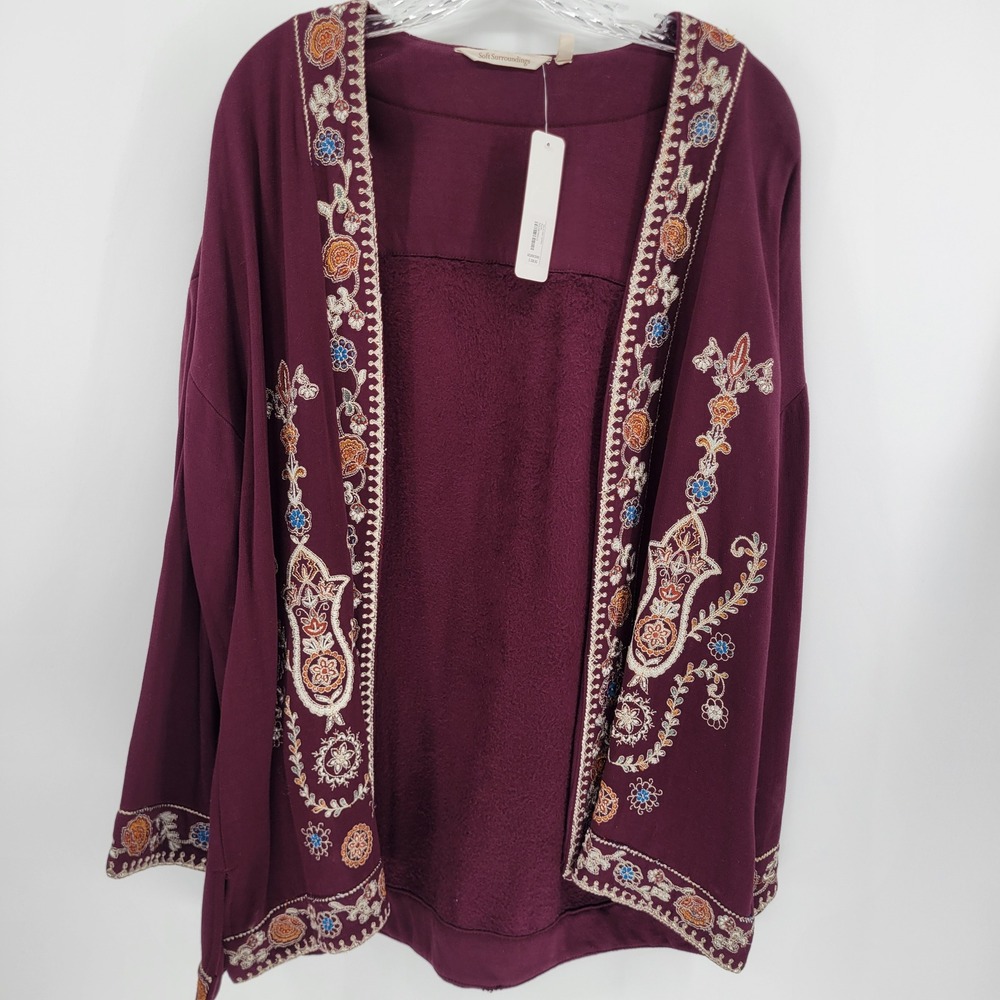 Soft Surroundings Bella Cozy Topper Plum Embroidered Cardigan Wrap 1X - Picture 2 of 13